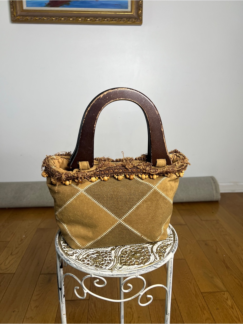 Vintage Mustard Fringe Tote with Dark Wood Handles